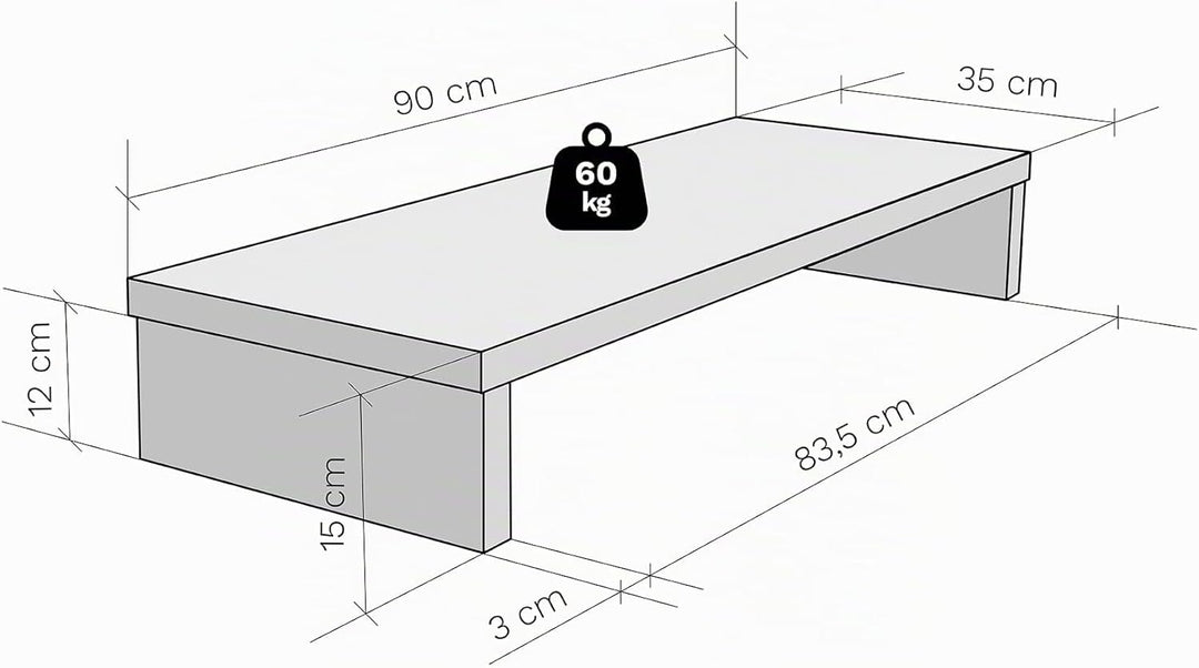 Henor Riser Halterung für TV aus Holz 90 x 35 x 15 cm Graphit. Unterstützt 60 kg. 90x35x15 Graphit M
