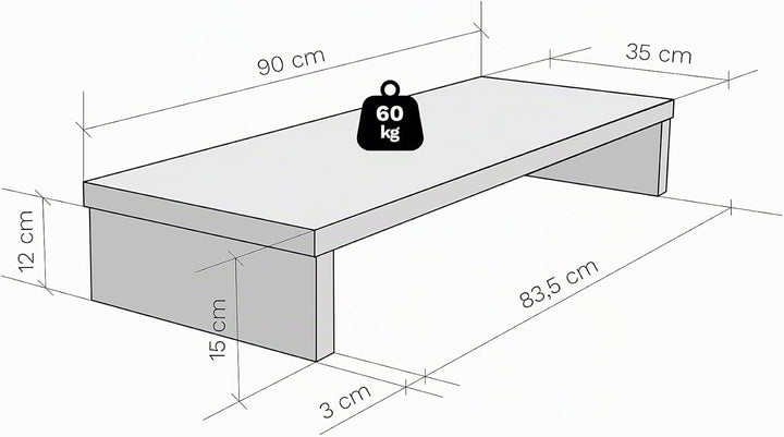 Henor Riser Halterung für TV aus Holz 90 x 35 x 15 cm Graphit. Unterstützt 60 kg. 90x35x15 Graphit M