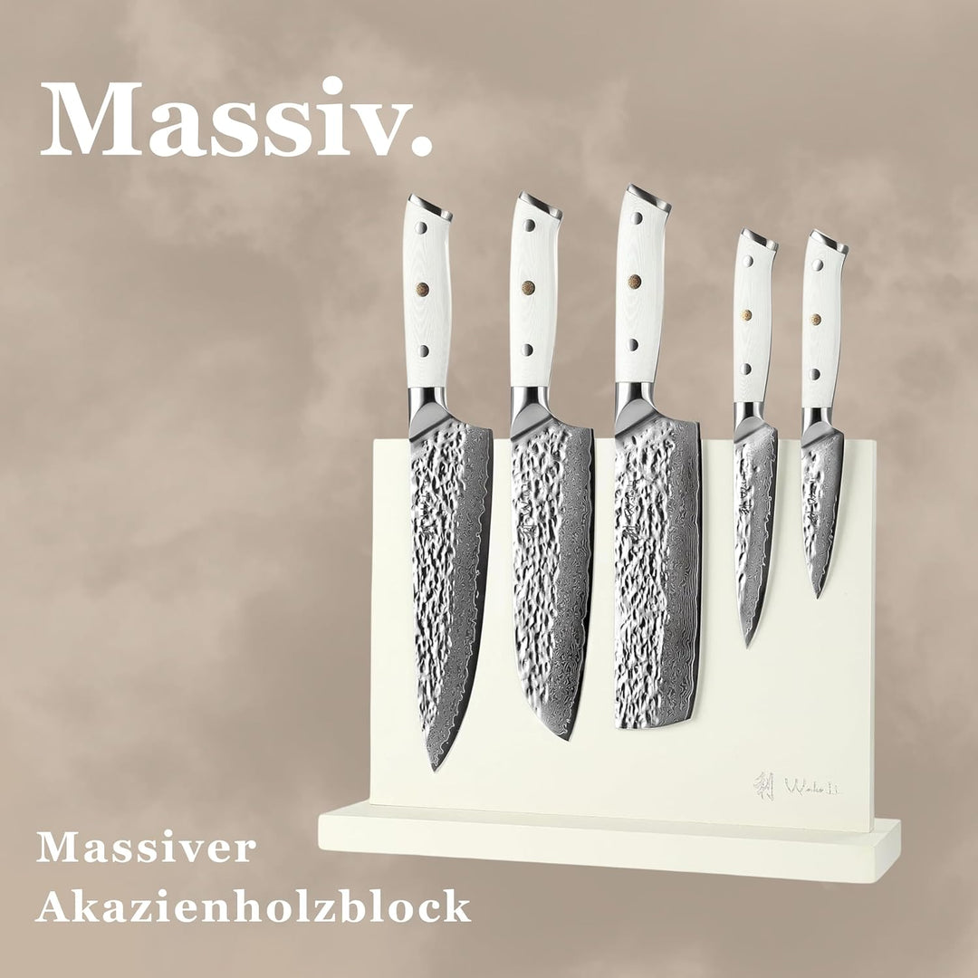 Wakoli Perle Blanche Damastmesser-Set mit Messerblock | 5-teilig, 9–20 cm Klingen aus 67 Lagen Damas