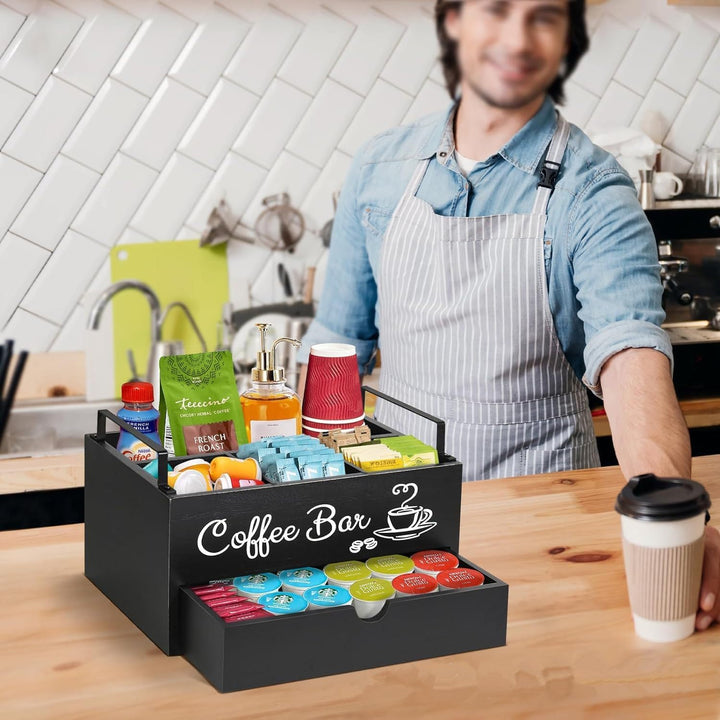 Kaffe Organizer aus Holz, hölzerne Kaffe-Bar-Zubehör-Organisator mit Schublade Landhaus Kaffee-Pods