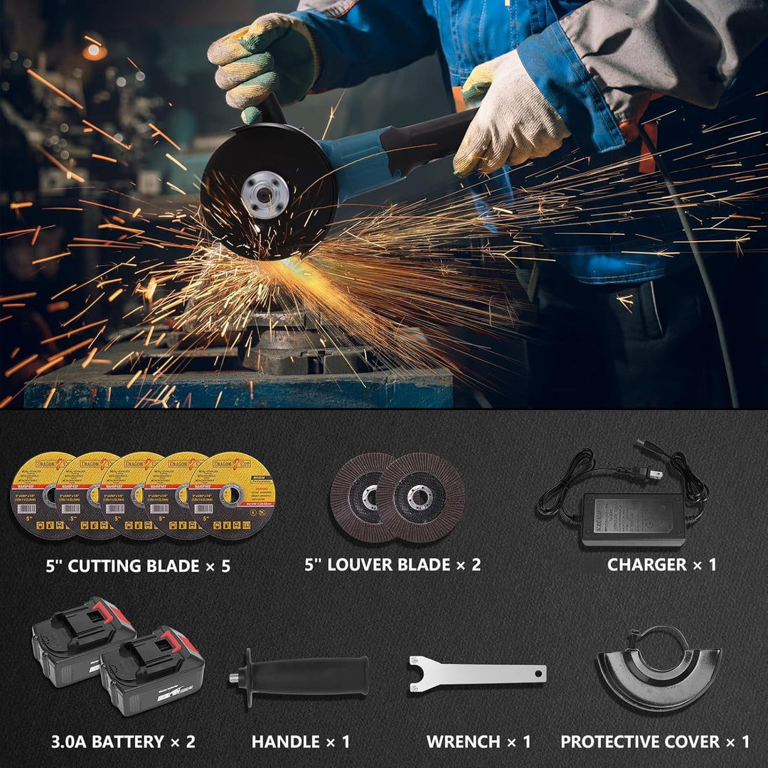 Yofuly Akku Winkelschleifer für Makita Akku 18V 21V, 2× 3.0Ah Akkus &amp; Ladegerät, Akku Flex Trennschl