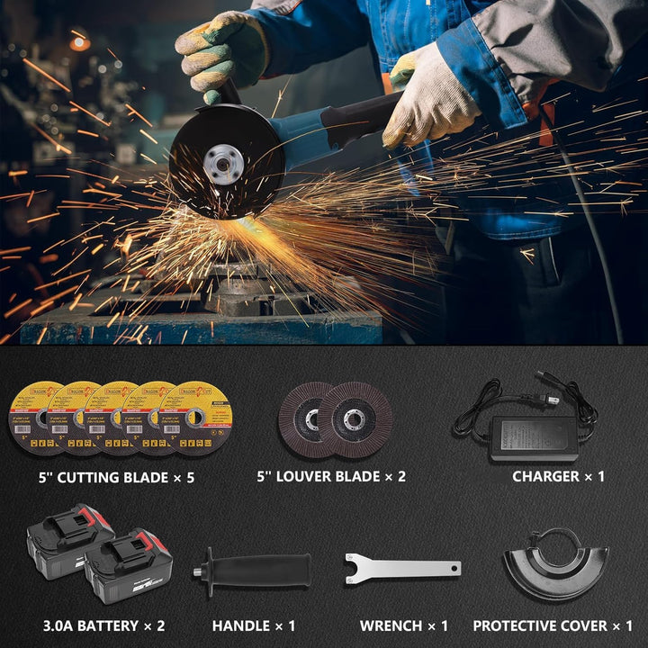 Yofuly Akku Winkelschleifer für Makita Akku 18V 21V, 2× 3.0Ah Akkus &amp; Ladegerät, Akku Flex Trennschl