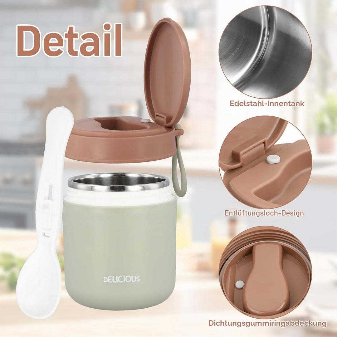 Nivofu 2 Stück Thermobehälter für Essen 430ml, Edelstahl Warmhaltebebehälter mit Faltbaren Löffel, T