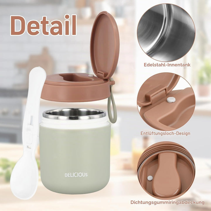Nivofu 2 Stück Thermobehälter für Essen 430ml, Edelstahl Warmhaltebebehälter mit Faltbaren Löffel, T