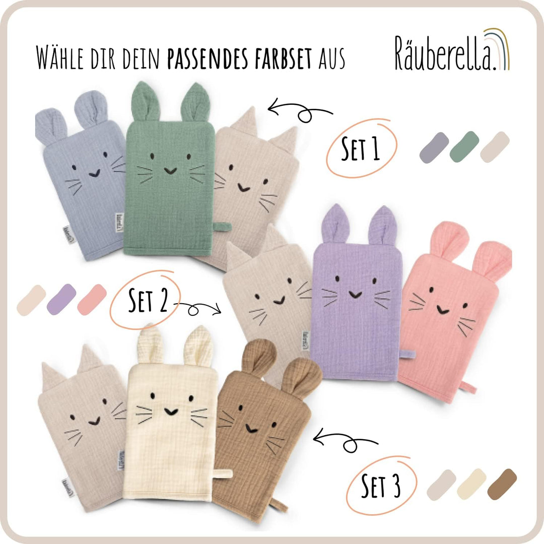 Räuberella Waschlappen, Waschhandschuh, 3er Set aus Musselin Geschenk zur Geburt (Rosa-Beige-Flieder