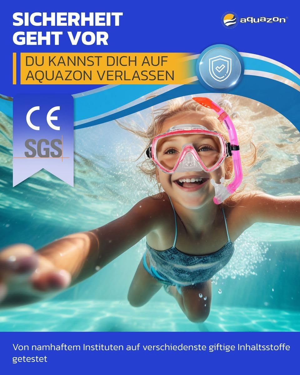 AQUAZON Miami Schnorchelset, Schwimmset, Tauchset, Taucherbrille mit Anti Fog Tempered Glas, Silkon,