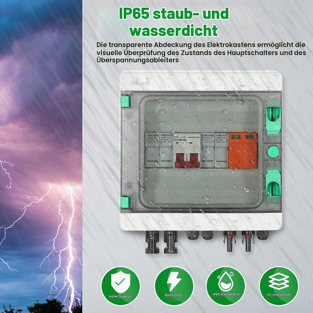 DEWIN 2 Saiten Solar PV Combiner Box, 2 String 500V 32A Solar PV Anschlusskasten Box 2 in 1 aus Wass