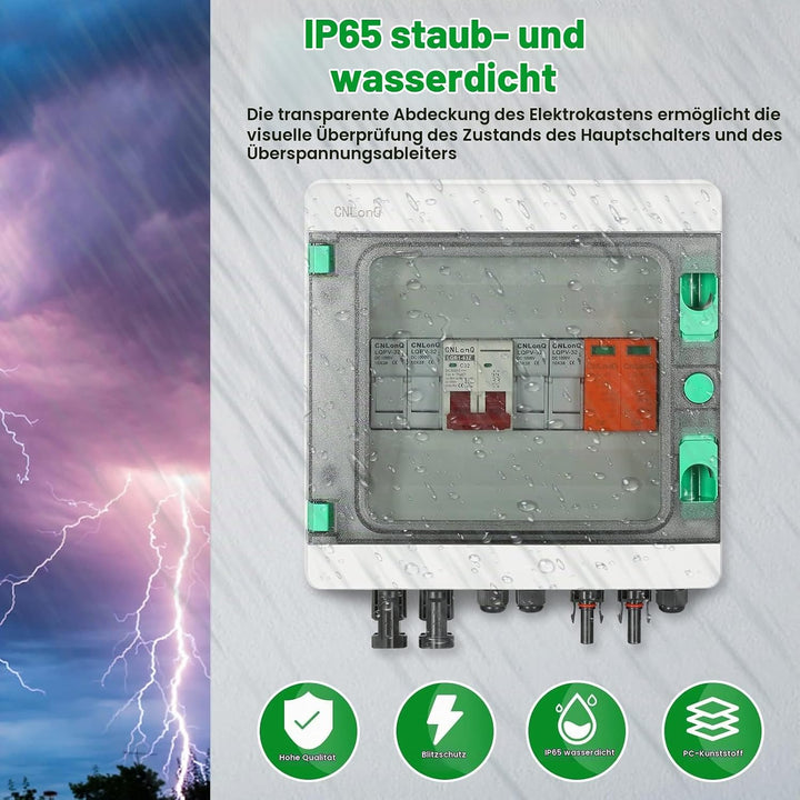 DEWIN 2 Saiten Solar PV Combiner Box, 2 String 500V 32A Solar PV Anschlusskasten Box 2 in 1 aus Wass
