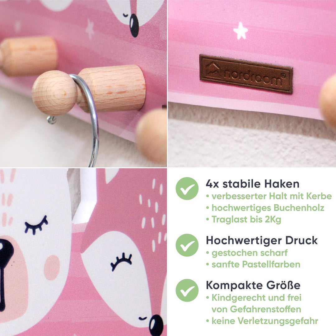 Kindergarderobe mit 4 Haken - Wandgarderobe mit Tiermotiven für Kinderzimmer Garderobenhaken aus Hol