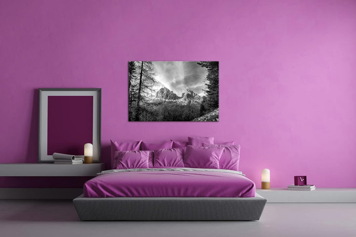 Traumhafte Berglandschaft der Dolomiten Format: 60x40 als Leinwand, Effekt: Schwarz&Weiss, Motiv fer