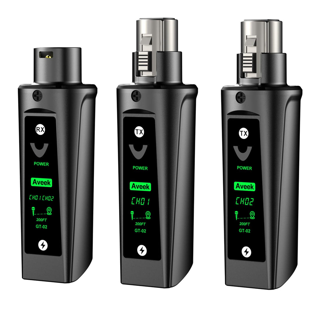 Aveek Kabelloses XLR-Sender/Empfänger für dynamisches Mikro,60 m Reichweite |, Empfänger +2 Sender