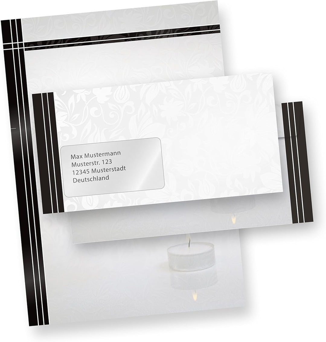 Briefpapier Set Trauer (500 Sets MIT Fenster) Set mit Briefbögen A4 und passende Trauerumschläge MIT