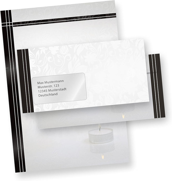 Briefpapier Set Trauer (500 Sets MIT Fenster) Set mit Briefbögen A4 und passende Trauerumschläge MIT