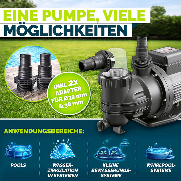 tillvex® Filterpumpe Pool mit Timer 7.000L/h &amp; 250W | Schwimmbadpumpe Förderhöhe max. 7,5m | Poolfil