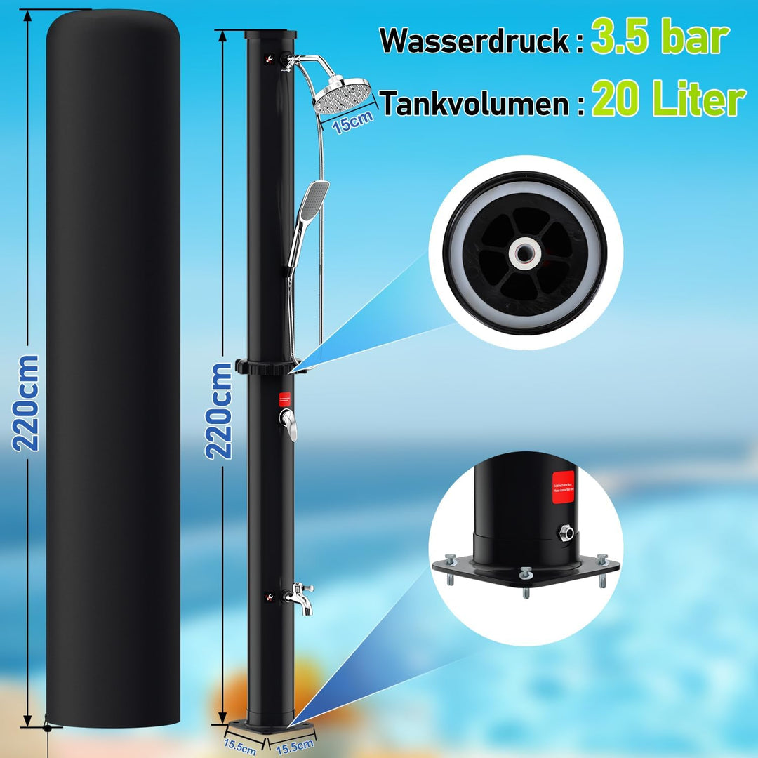 Ansobea solardusche 20 Liter Solar-Gartendusche - energiesparend, schwenkbarer Duschkopf um 180°, in