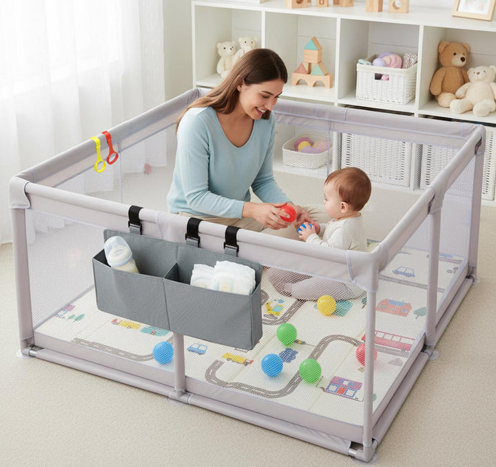 Laufstall Baby 120x120 cm mit Spielmatte und 2 Aufbewahrungstaschen,Laufgitter Baby mit Matratze,Bab