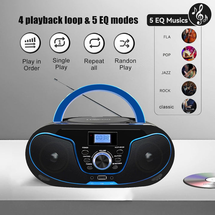 Tragbar CD Player Boombox Bluetooth - mit UKW Radio, USB Eingang & AUX & Kopfhörern Ports, 2 x 2 Wat