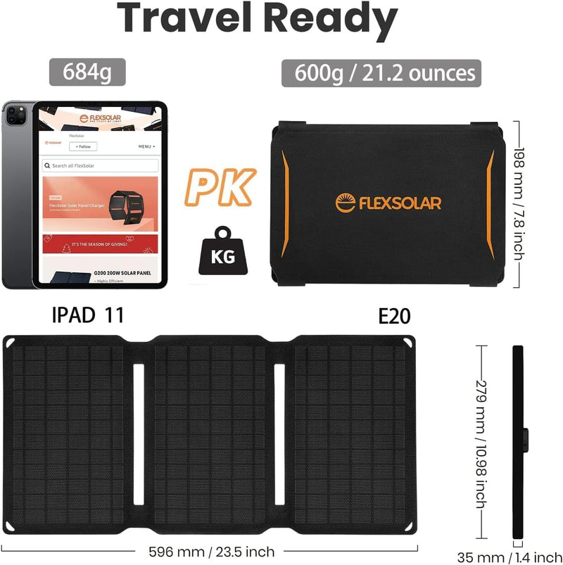 FlexSolar 20W tragbares Solar-Ladegerät, USB Solarladegerät wasserdicht, IP67, faltbares Solarpanel
