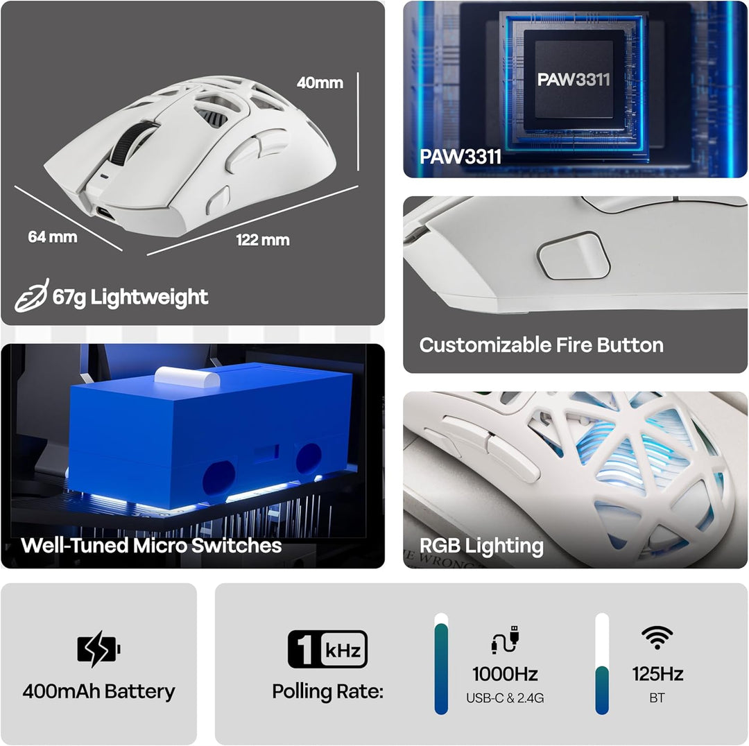 MechLands Aula SC620 Gaming-Maus, 2,4 GHz/USB-C/BT-Funkmaus mit 400-mAh-Akku, einstellbare 12.000 DP