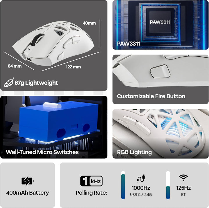 MechLands Aula SC620 Gaming-Maus, 2,4 GHz/USB-C/BT-Funkmaus mit 400-mAh-Akku, einstellbare 12.000 DP