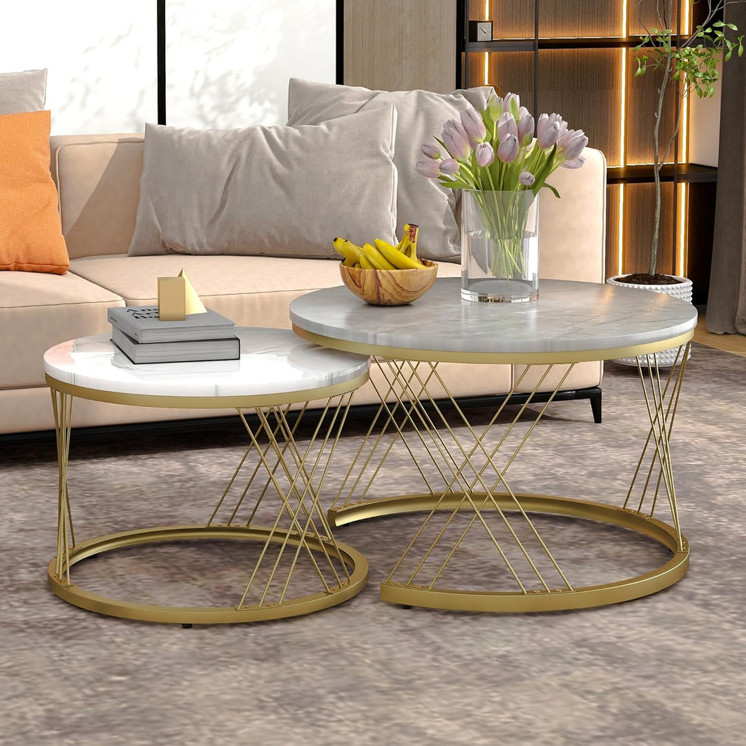 Merax Rund Couchtisch Set, 2-in-1 Nesting Couchtisch Satztisch Modern Wohnzimmertisch, Marmor Furnie