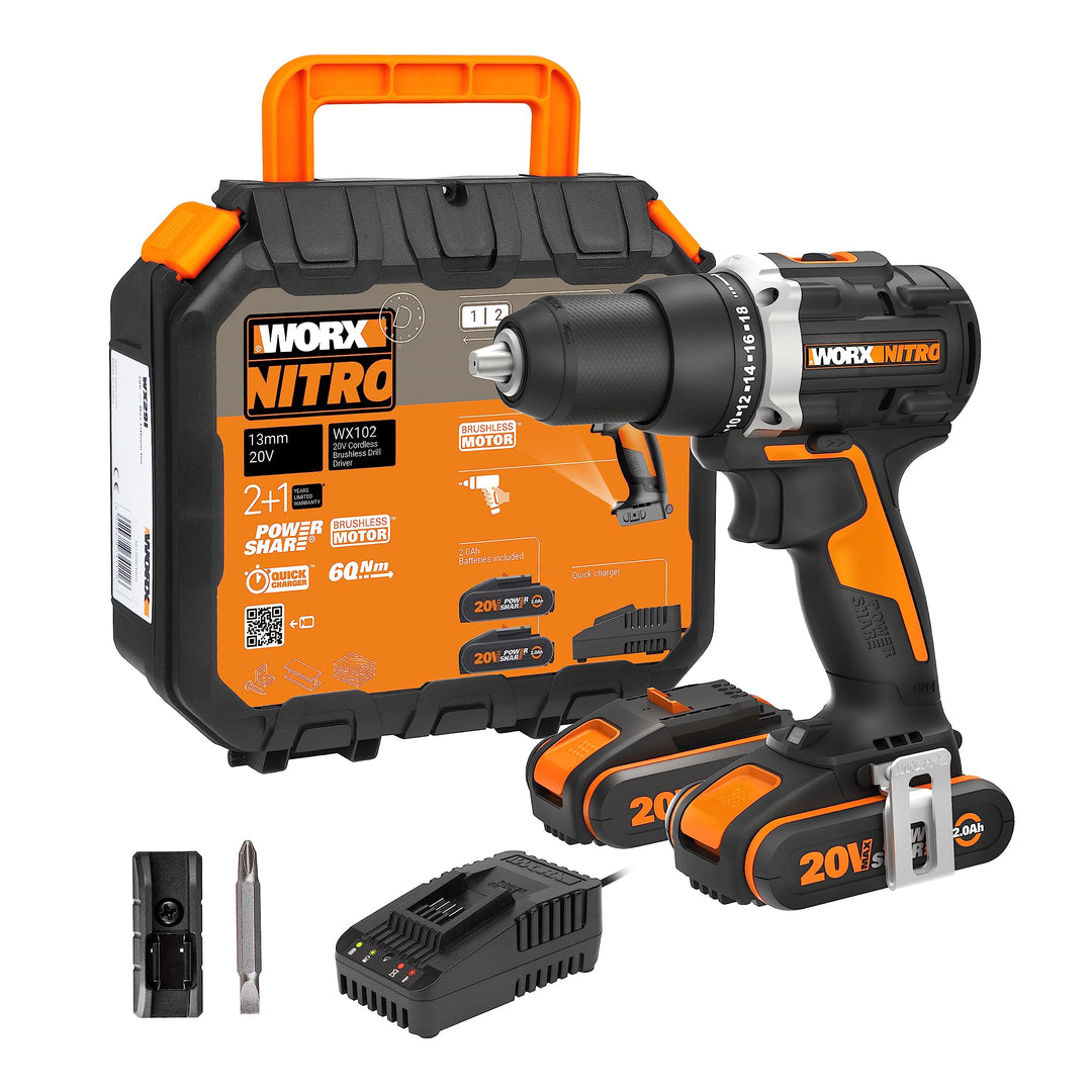 WORX WX102 NITRO Akku Bohrschrauber 20V - bürstenloser Akkuschrauber - 2-Gang-Getriebe und LED-Licht