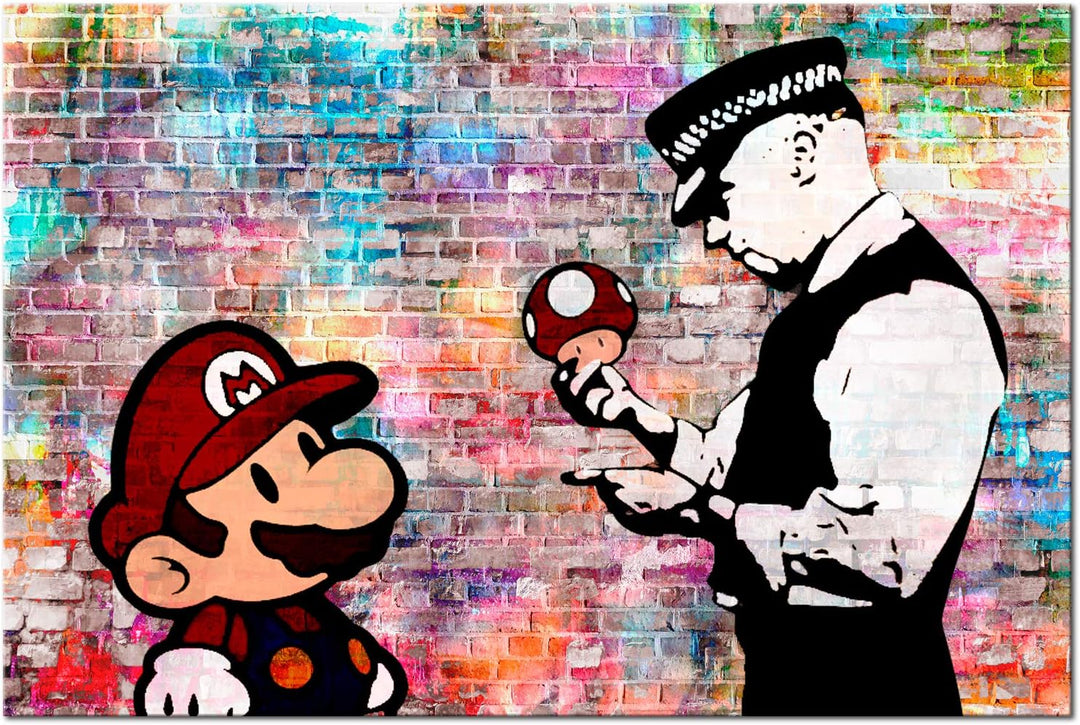 murando Akustikbild Banksy Super Mario Mushroom Cop 120x80 cm Bilder Akustikschaum Hochleistungsscha