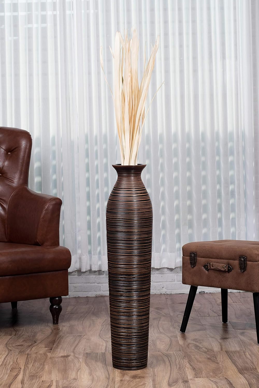 Leewadee Grosse Bodenvase für Dekozweige hohe Standvase Design Holzvase, Holz, 90 cm, Braun 90 cm Br