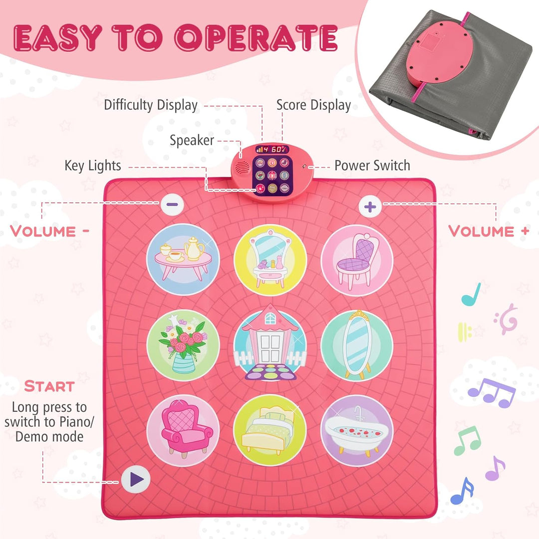 KOMFOTTEU Tanzteppich für Kinder ab 3 Jahren, Musikpad mit 5 Stufen, 9 Tastaturgeräuschen und 9 Demo
