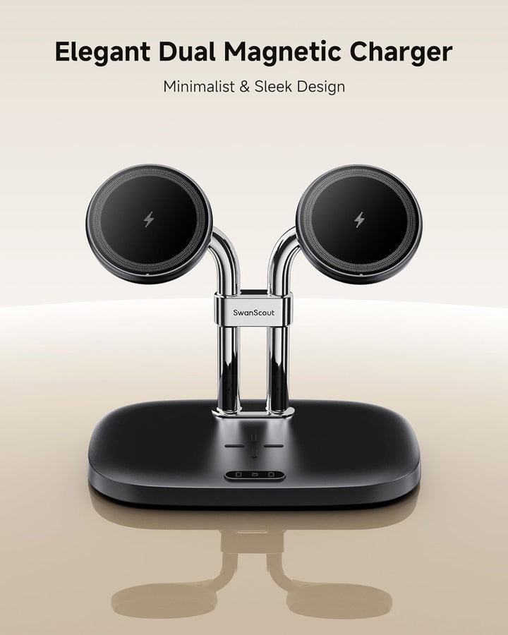 SwanScout Induktive Ladestation für iPhone 17/Air, SwanScout 706M, Mag-Safe Doppel Ladestation Kompa