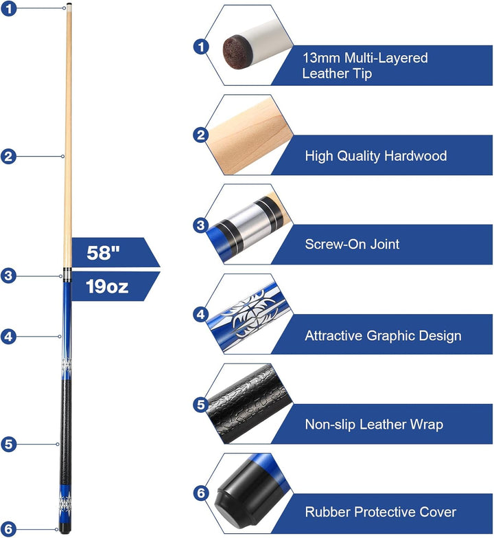ASMPCUE Pool Queue, 58 Zoll Billard Queue Hardwood Pool Cue 13mm Spitzen für Professionelle Billards