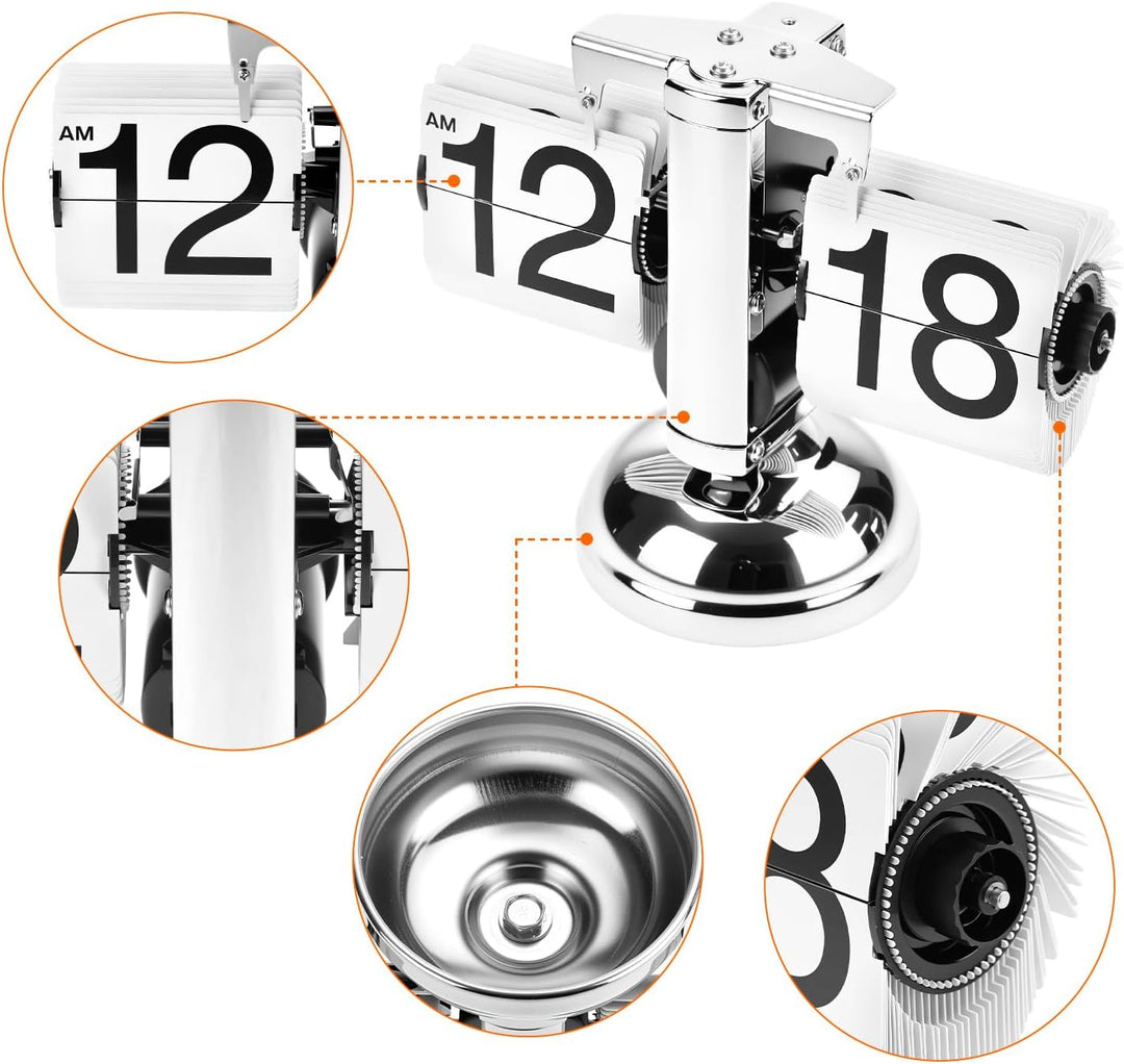 QWORK® Retro Flip Clock Tischuhr mit Quarzwerk, Mechanische Klappzahlenuhr, Silber Automatisches Umb