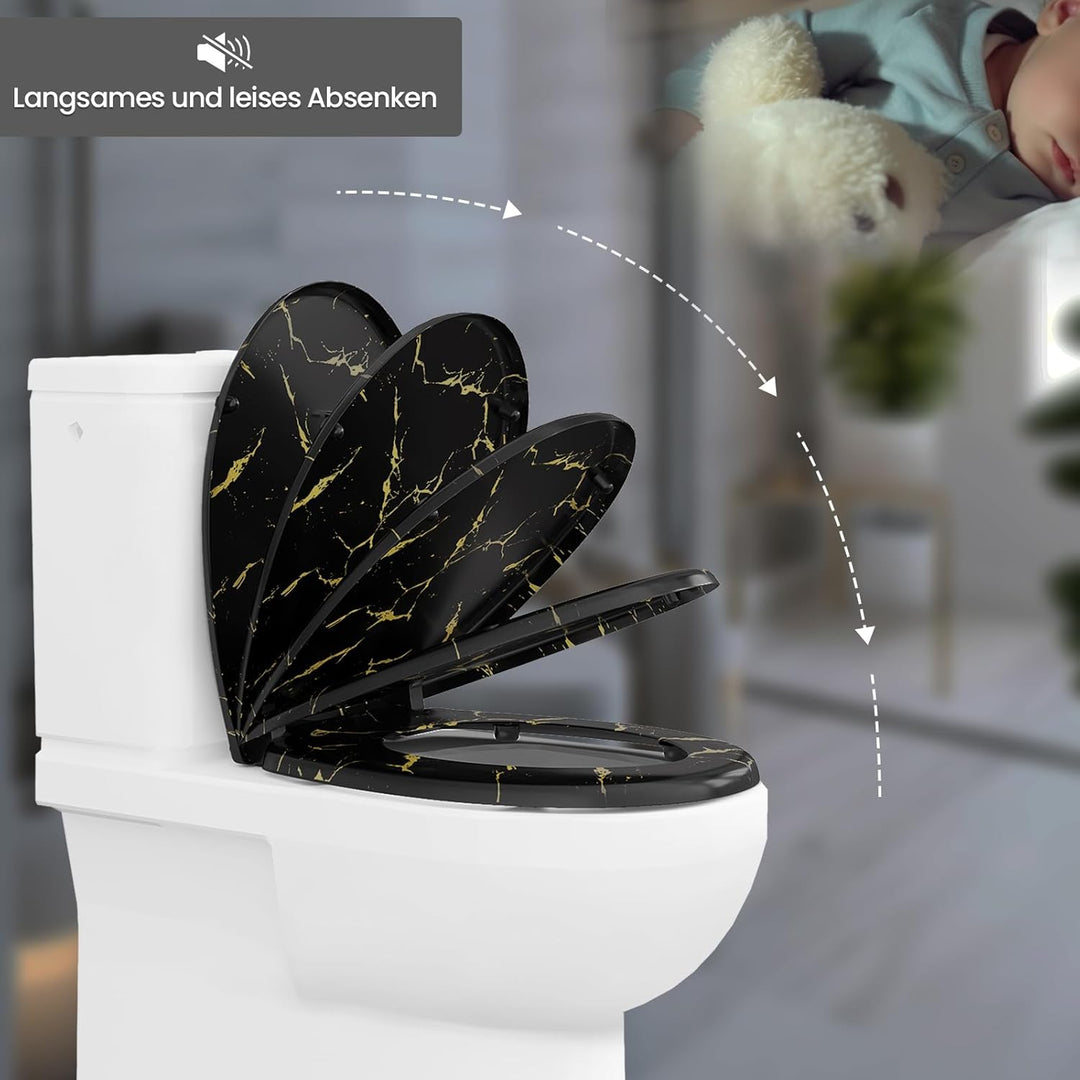 WOLTU Toilettendeckel mit Absenkautomatik, schwarzer WC Sitz mit goldenem Glitzer, Toilettensitz aus