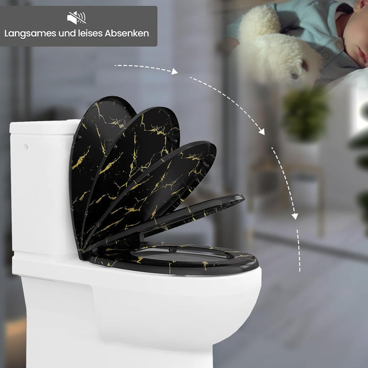 WOLTU Toilettendeckel mit Absenkautomatik, schwarzer WC Sitz mit goldenem Glitzer, Toilettensitz aus