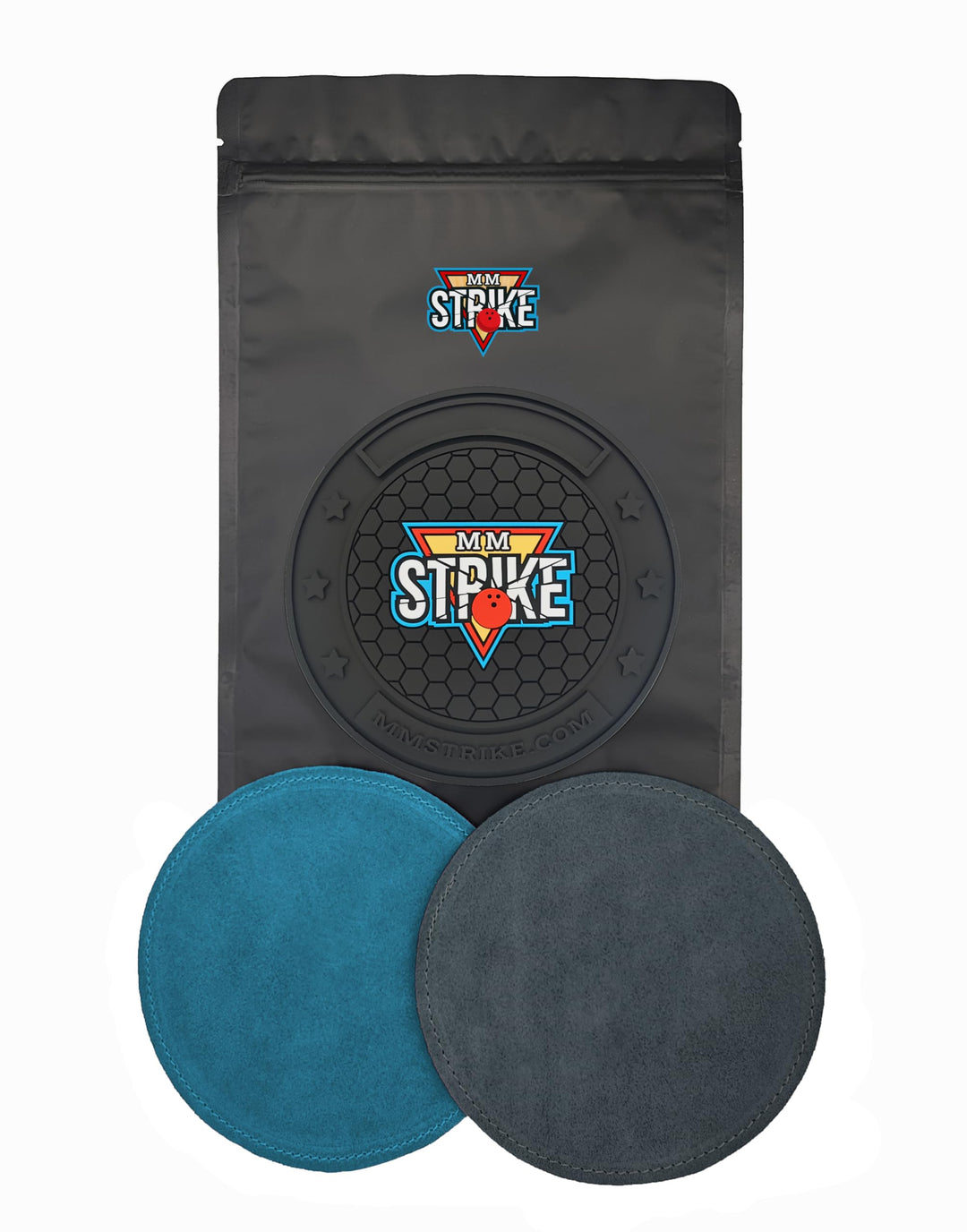 MMSTRIKE 2x Bowling Shammy Leather Pad+Black GripFlex Rubber Base Disc-Hook & Loop System.Oil Remova