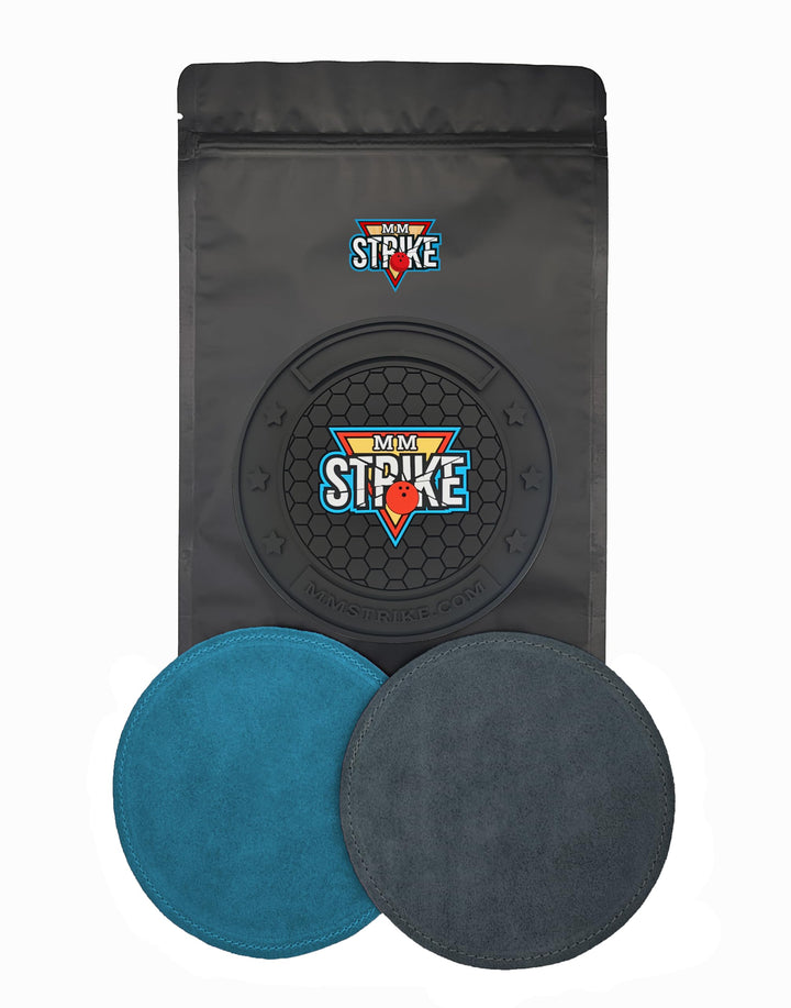 MMSTRIKE 2x Bowling Shammy Leather Pad+Black GripFlex Rubber Base Disc-Hook & Loop System.Oil Remova