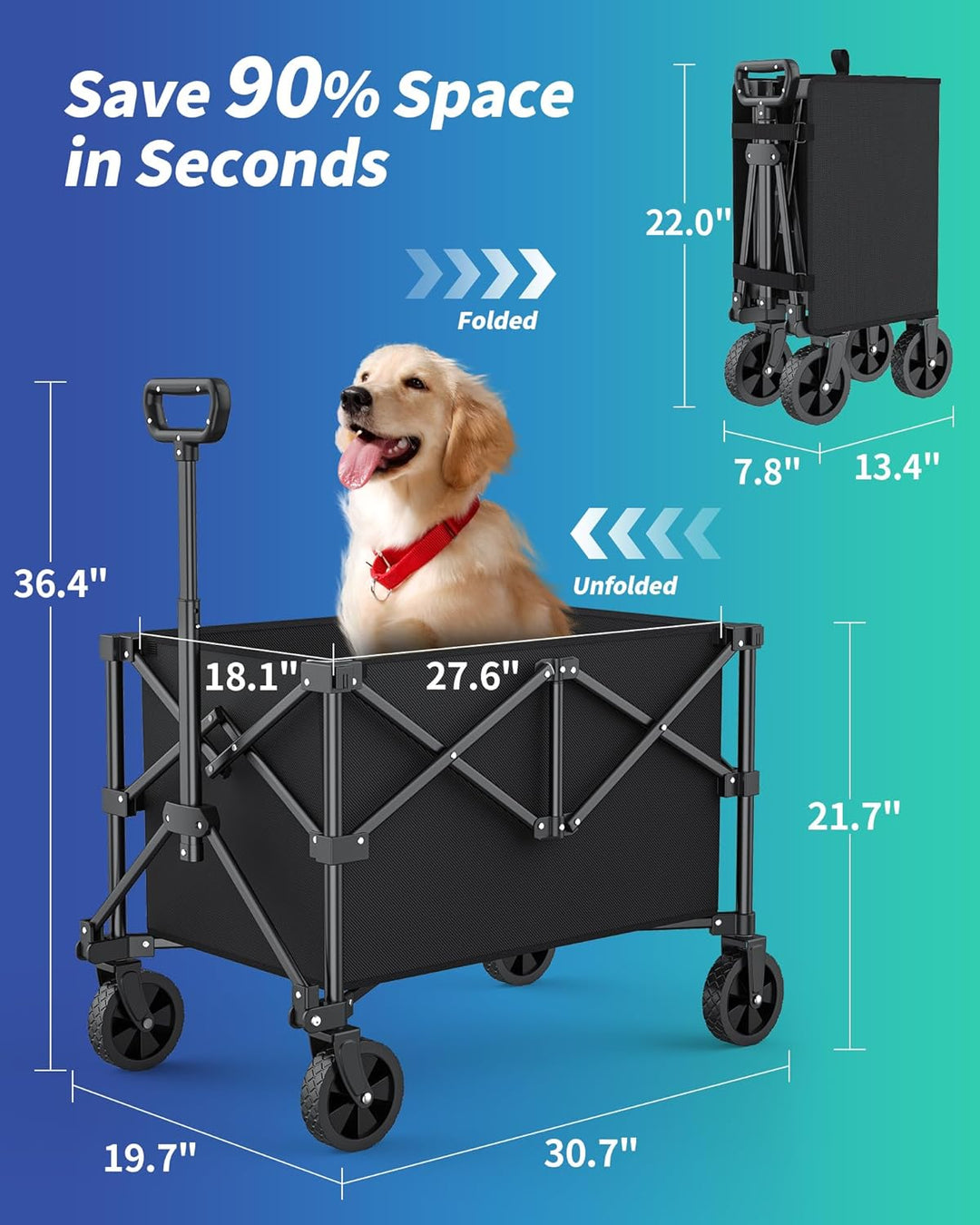 klein Kitsure Bollerwagen Faltbar – Handwagen mit Hartplastikrädern, 78,0 x 50,0 x 92,5 cm Transport