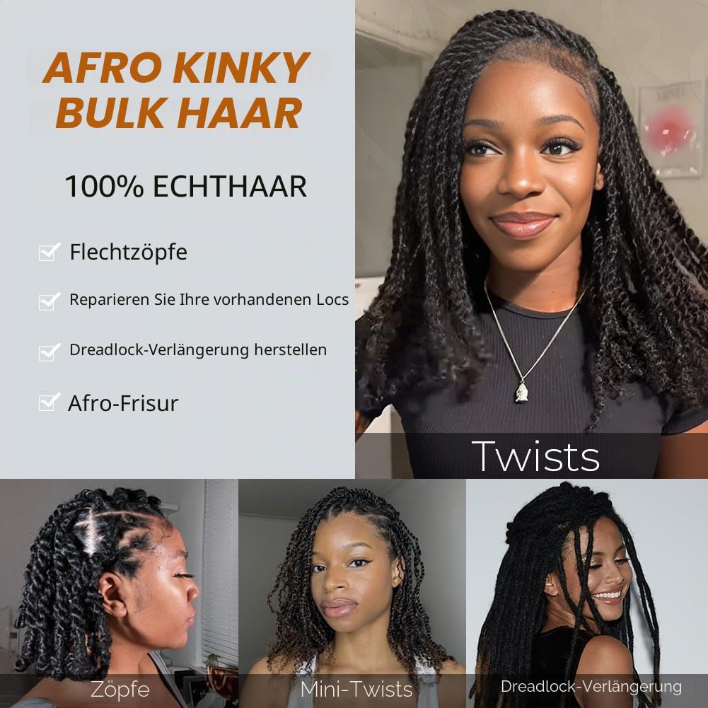 FASHION IDOL Afro Kinkys Bulk Echthaar für Dreadlock Extensions 10 Zoll 1 Packung 50 Gramm natürlich