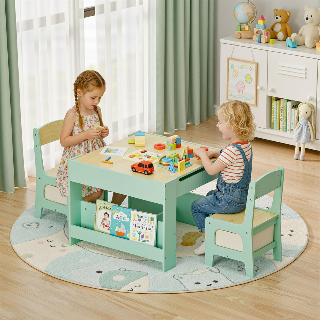 MAMIZO Kindertisch mit 2 Stühlen, 3 in 1 Kinder Tisch Stuhl Set, Kindermöbel Set aus Holz mit Staura