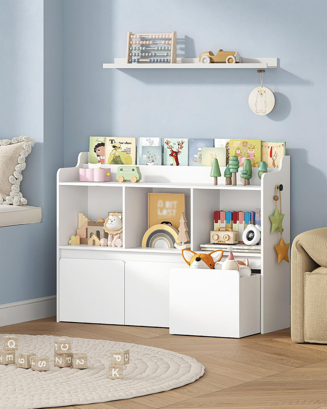 Hzuaneri Kinderregal mit Bücherfach & Rollschubladen 30 x 108 x 80 cm, Weiss | 3 offene Fächer, 3 ro