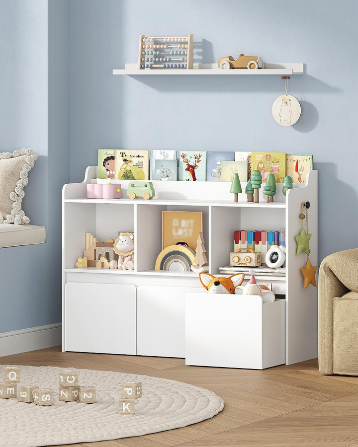 Hzuaneri Kinderregal mit Bücherfach & Rollschubladen 30 x 108 x 80 cm, Weiss | 3 offene Fächer, 3 ro