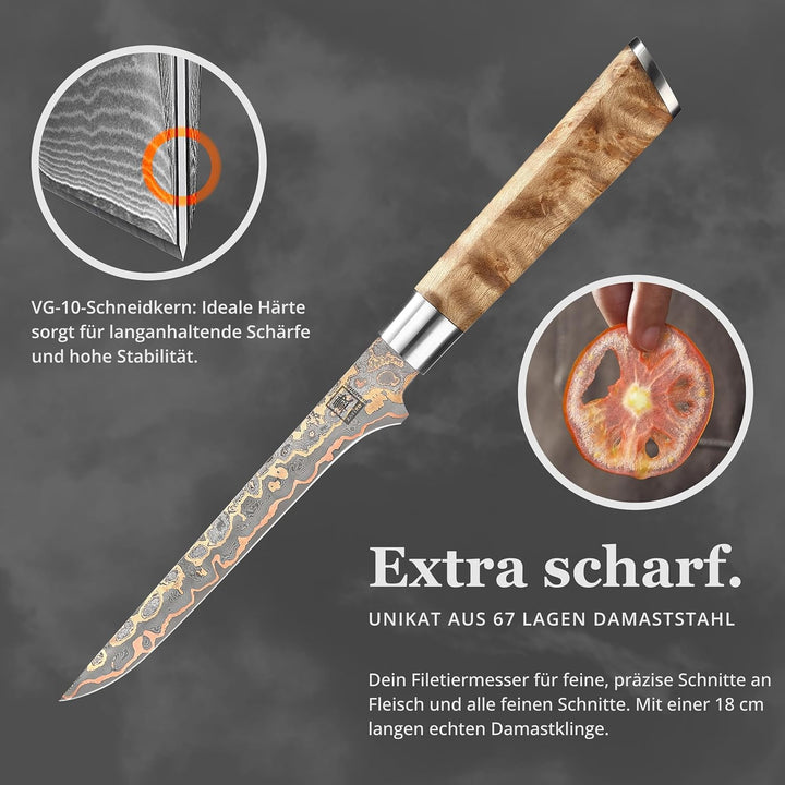 zayiko MysticMagma Damast Ausbeinmesser I 18 cm Klinge aus 67 Lagen Damaststahl mit Kupfer- und Bron