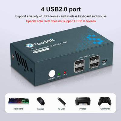 HDMI+DisplayPort KVM Switch 2 Monitore, Steetek 4K@60Hz KVM Switch Dual Monitor, KVM Switch 2 PC 2 M