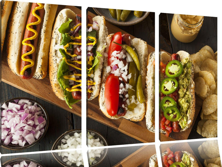 Amerikanische Hotdogs als 3-Teiler Leinwandbild 120x80 Bild auf Leinwand, XXL riesige Bilder fertig