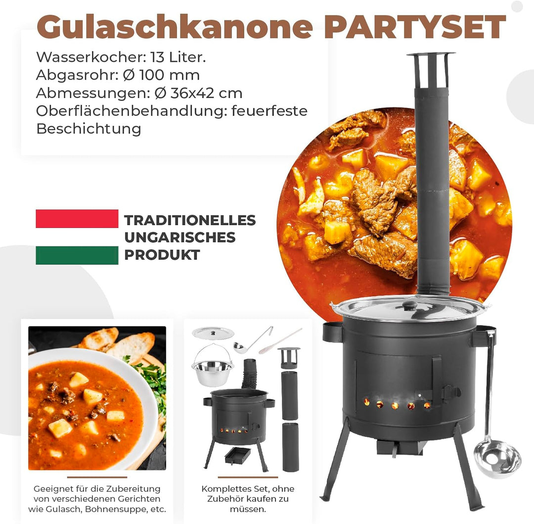 Gulaschkanone | Gulaschkessel mit deckel 13L, Schöpfkelle,Rührlöffel | UTSCHAK PARTYSET | kesselgula