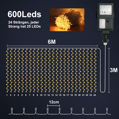 XIBOO 600 LEDs Lichterkette 6m * 3m Lichtervorhang Weihnachtslichter 8 Betriebsarten lichterkettenvo