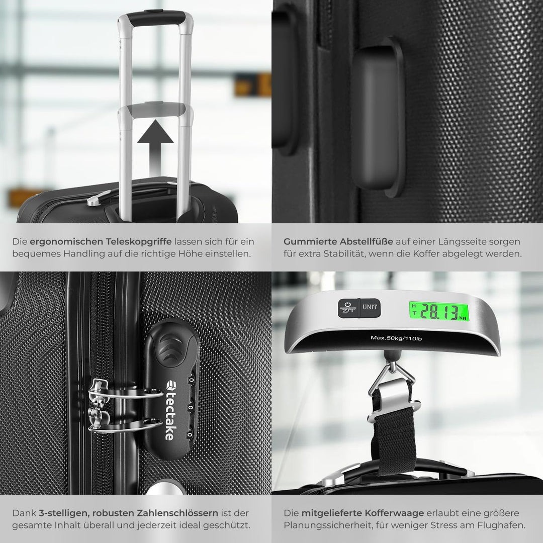 tectake® 3er Kofferset mit Kofferwaage & Kofferanhänger, Reisekoffer Set, ABS Hartschalenkoffer Set,