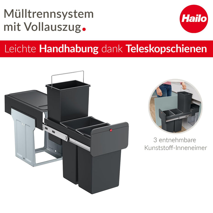 Hailo EcoLine Design Trio L Einbau-Mülltrennungs-System | 3x10L | 30L | Trio Mülltrenner mit Vollaus