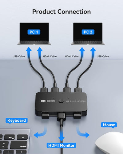 ABLEWE KVM Switch, Aluminium KVM Switch HDMI, USB-Switch für 2 Computer, zum Teilen von Maus, unters