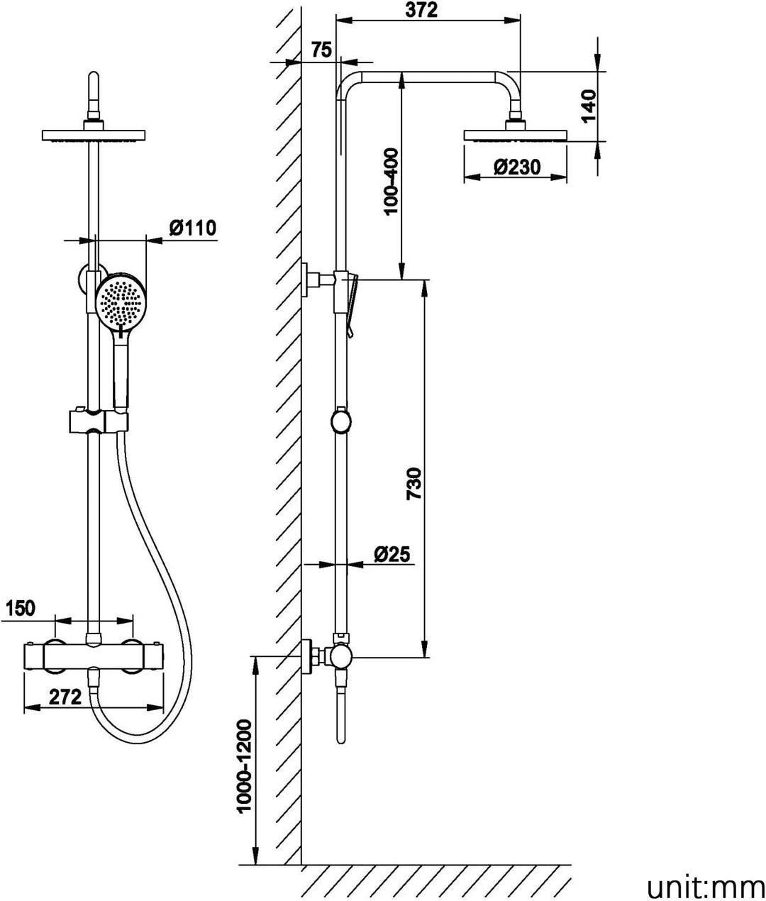 CECIPA Duschsystem Schwarz mit Thermostat 38 °C, Edelstahl Duschgarnitur mit Duscharmatur Schwarz Ma